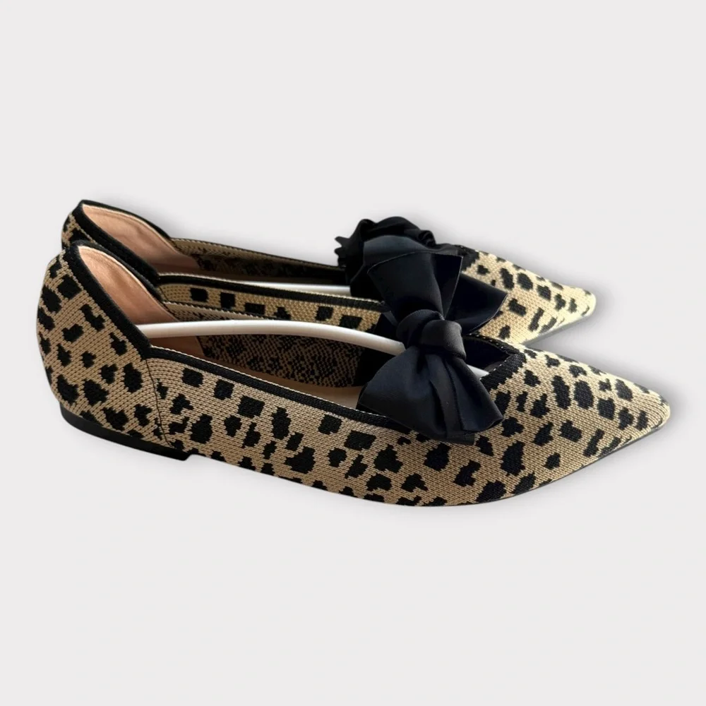New! Breathable Mesh Knit Ballet Flat Bow Pointed Toe Slip On Leopard Shoes